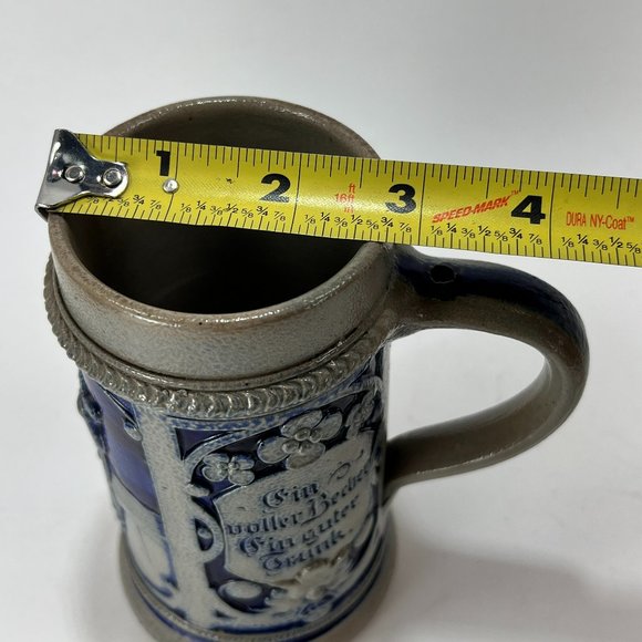 Vtg German Stein Beer Mug Cobalt Blue Grey Salt Glazed 16 oz Embossed Rustic 90s - Picture 12 of 13